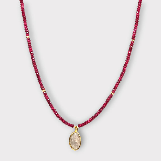 Faceted Ruby Necklace with 14Kt Bezel Set Sapphire