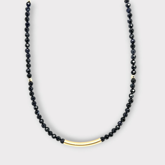 Faceted Dark Blue Sapphire Necklace with Gold Bar