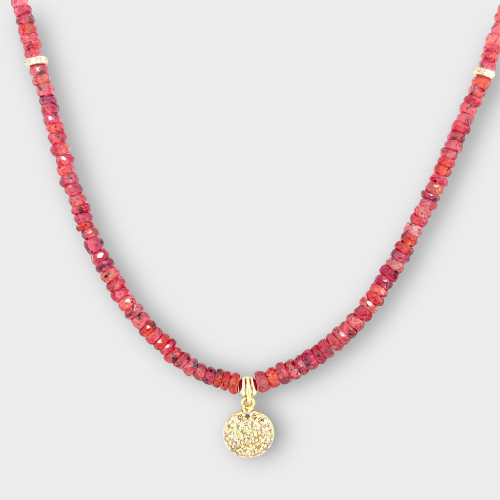 Red Sapphire Necklace with 14KT Diamond Pave Disc