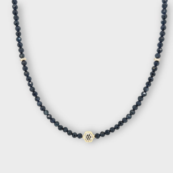 Sapphire Necklace with 14KT White and Black Diamond Pave Bead