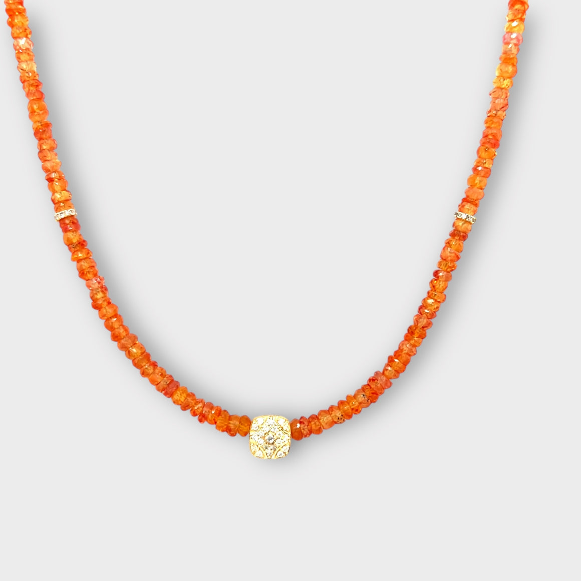 Orange Sapphire Necklace with 14KT Diamond Pave Center