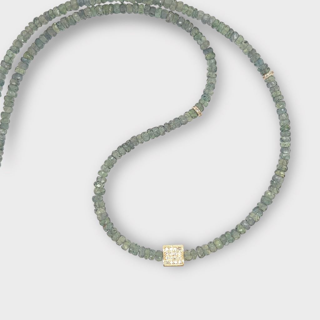 Green Sapphire Necklace with 14KT Diamond Pave Center