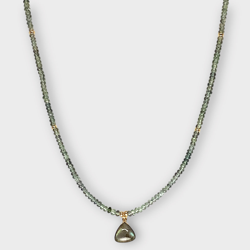 Green Sapphire Necklace with 14Kt Bezel Set Labradorite