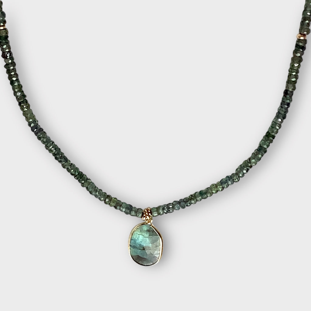 Faceted Green Sapphire Necklace with 14Kt Bezel Set Labradorite