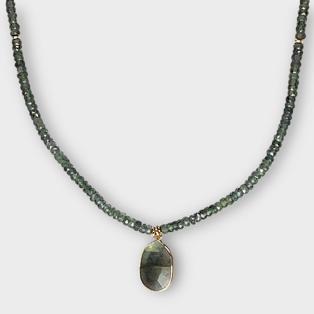 Faceted Green Sapphire Necklace with 14Kt Bezel Set Labradorite