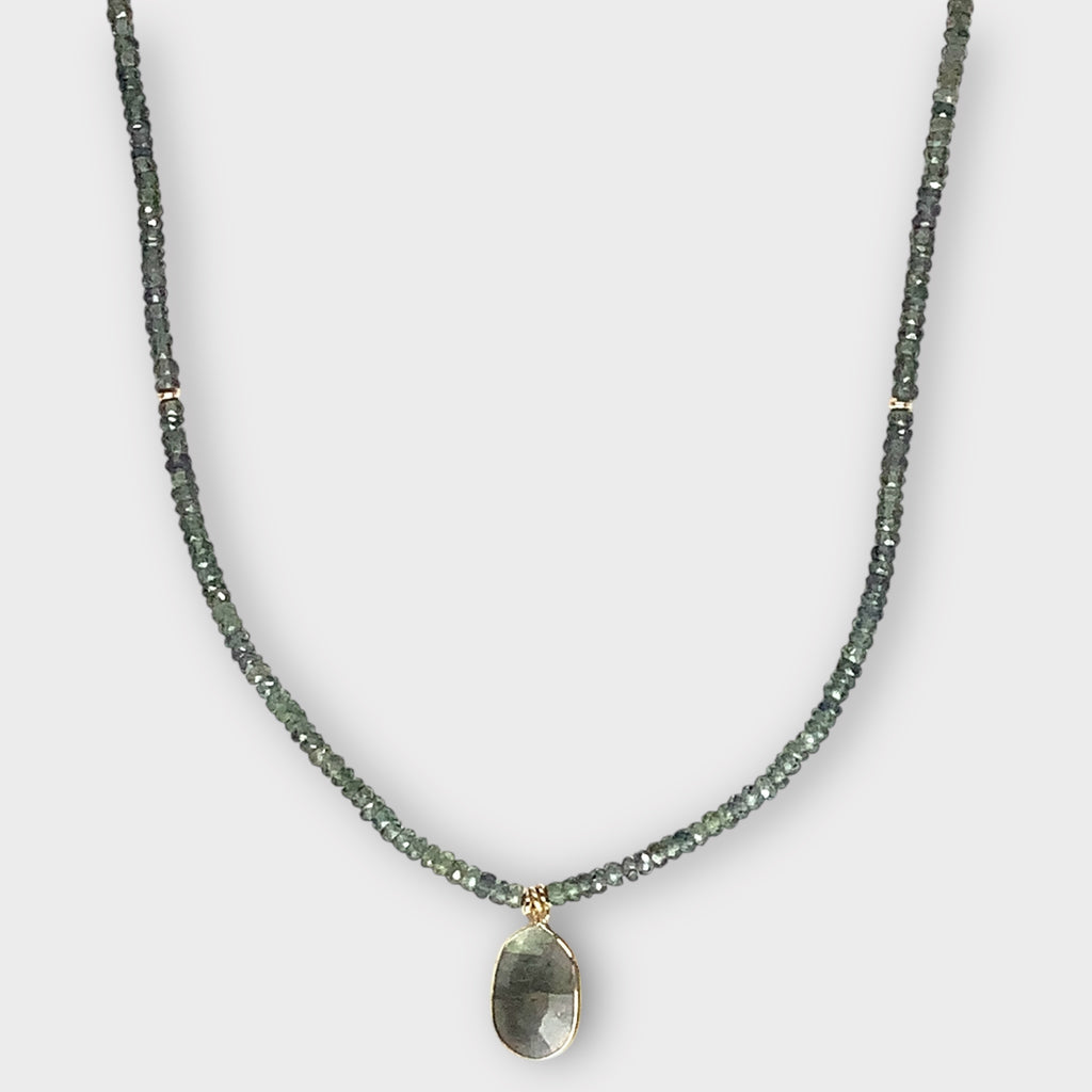 Faceted Green Sapphire Necklace with 14Kt Bezel Set Labradorite