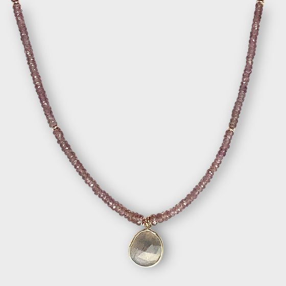 Faceted Pink Sapphire Necklace with 14KT Bezel Set Labradorite