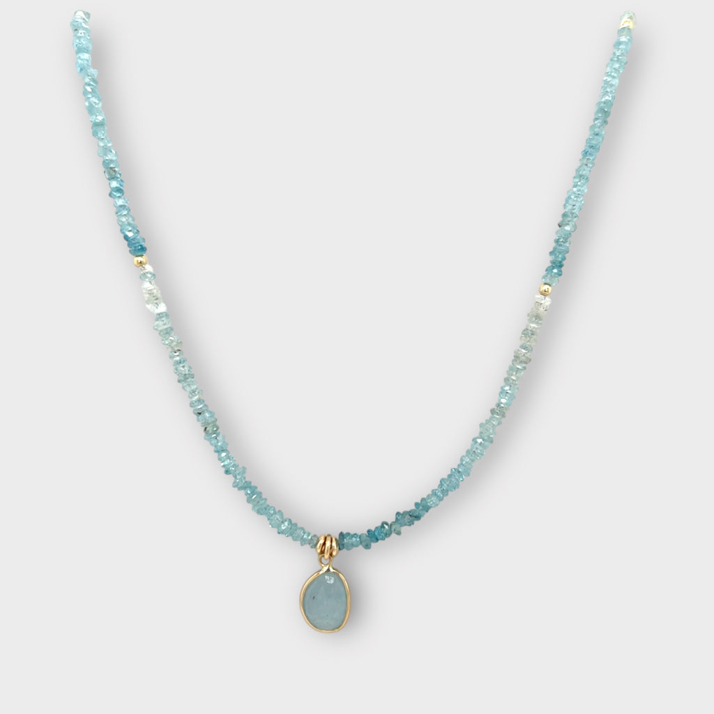 Blue Zircon Necklace with 14Kt Bezel Set Moonstone